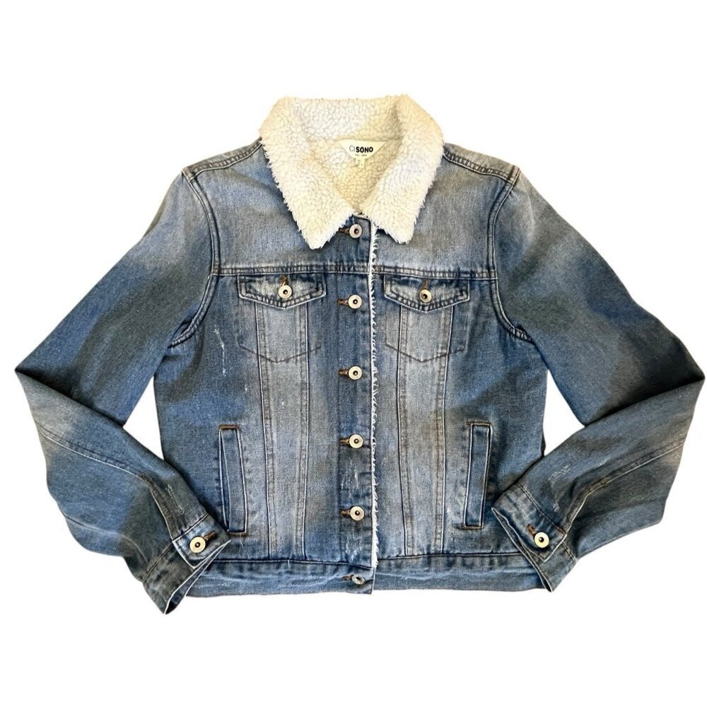Women Sherpa Lined Trucker Jean Jacket L Faux Fur Fleece Distressed 90s Y2K